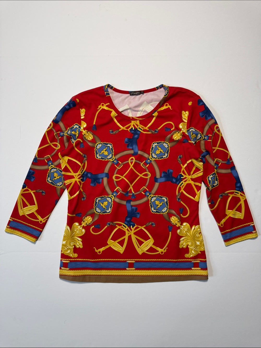 J.McLAUGHLIN Red Equestrian Horse Bit Rope Print 3/4 Sleeve Catalina Cloth M